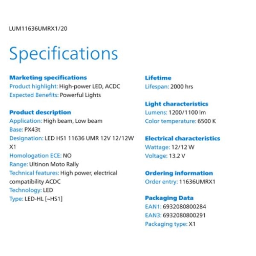 필립스  HS1 LED 헤드라이트 모터 6500K 흰색 램프 밝은 오토바이 하이 로우 빔 12V PX43t 전구 11636UMRX1