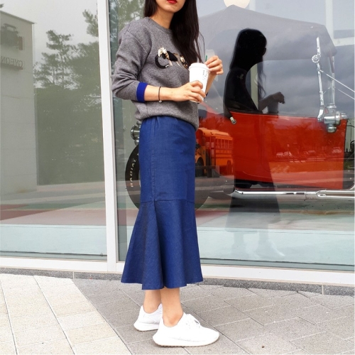 엠지 롱 데님 머메이드 프릴 h라인 밴딩 스커트 청 치마 미디 봄 가을 66 77 88 빅사이즈 854448
