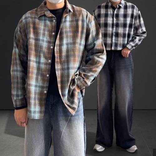 하이 체크 무늬 오버핏 남방 6color 커플 남녀공용 봄 가을 셔츠 WFKBRU6