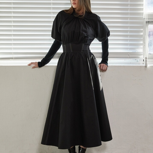 에고이스트 여성 셔링 퍼프소매 백타이 롱 원피스 ER4WO261