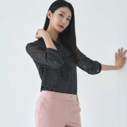 지센 2컬러 패턴 타이형 티 블라우스 LFWSO312