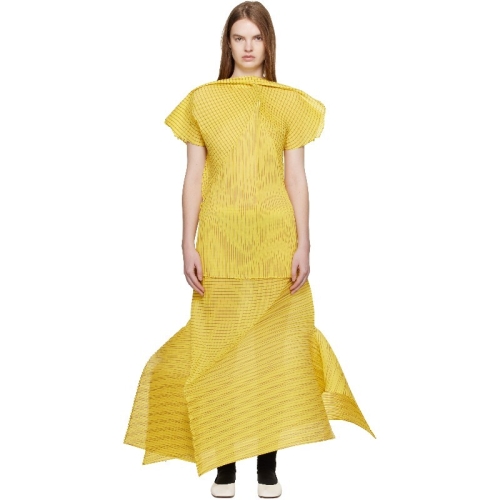 이세이미야케 옐로우 제네릭 스트라이프 머신 플리츠 미디 스커트 261809F092003