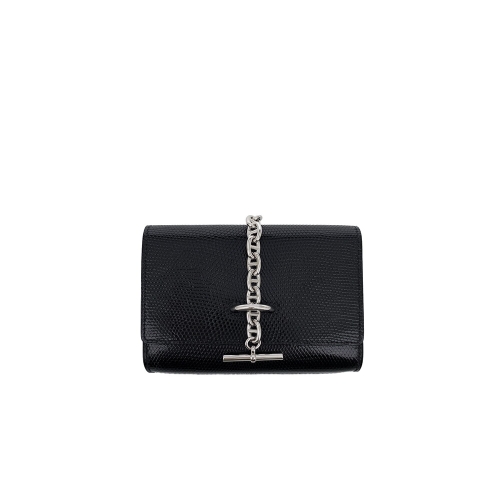 에르메스 엘러브 리자드 샹달 체인 컴팩트 지갑 블랙 은장 K각인 6HL0005