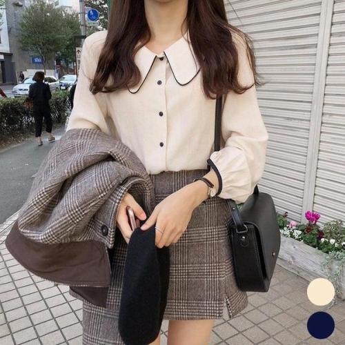 오노마 ONM 여자 예쁜 카라 소매 배색 라인 여친룩 블라우스 S11101647