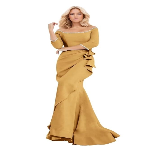 아미 J lle 여성용 비즈 머메이드 포멀 드레스 2025 롱 러플 새틴 프롬 드레스 트레인 하이 로우 JA0149 골드
