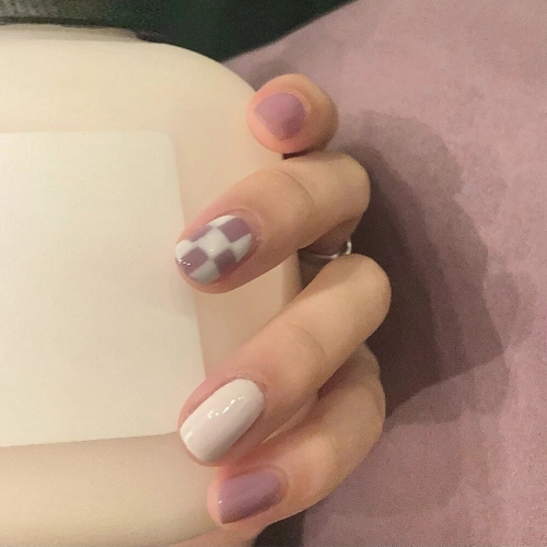 유니스뮬라 네일팁 퍼플 체크 화이트 심플 라우드팁 숏팁 U-223