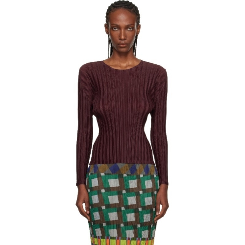 이세이미야케 버건디 골지 플리츠 재뉴어리 티셔츠 261941F110024