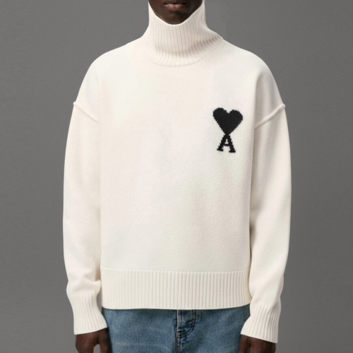 아미 남녀공용 드 꾀흐 빅 하트 로고 인타르시아 터틀넥 니트 UKS839 018 151