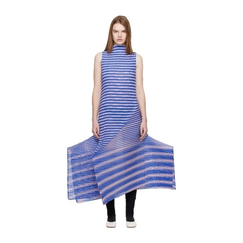 이세이미야케 네이비 제네릭 스트라이프 머신 플리츠 미디 드레스 261809F054000