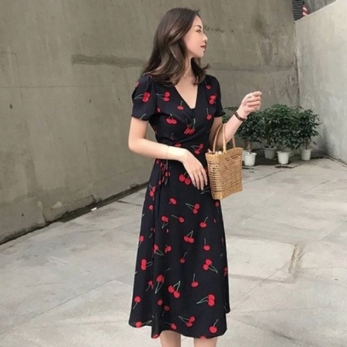 큐티 형 원피스 허리끈 로맨스 브이넥 봄 캐주 KYR-WFH794L