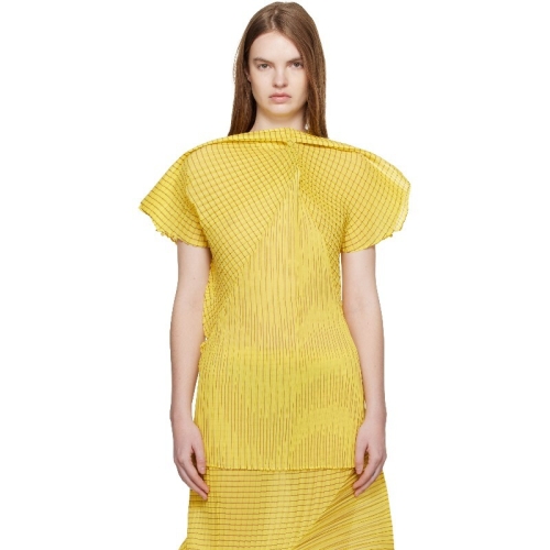 이세이미야케 옐로우 제네릭 스트라이프 머신 플리츠 블라우스 261809F092004