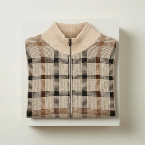 닥스 남성 베이지 하우스체크 풀집업 스웨터_DMSW6A061I2
