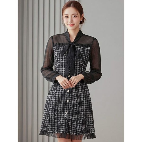 예쎄 하객룩 쉬폰 트위드 배색 원피스 S6SOP002A