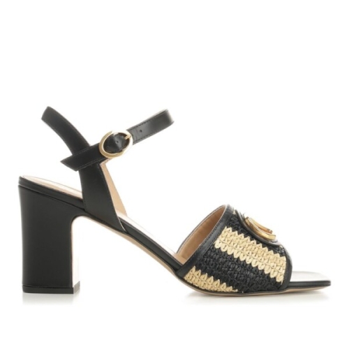 발렌티노 라프리마 여성 샌들 브이 로고 시그니처 T 75 크로셰 라피아 STRIPES/VITELLO/A BRASS L 8W2S0MC..