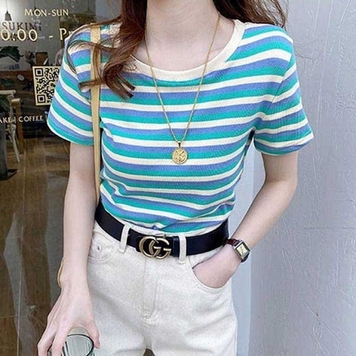 오너클랜 여성용 스트라이프 반팔 티셔츠 여름용 WFLIFEX260301