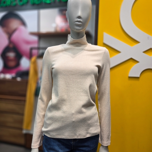 베네통 소매 자수 포인트 목폴라 티셔츠 BATSA7461M_DG