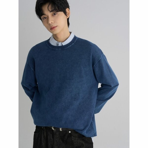 에잇세컨즈 456251MCAP 가먼트 다잉 라운드 니트 블루