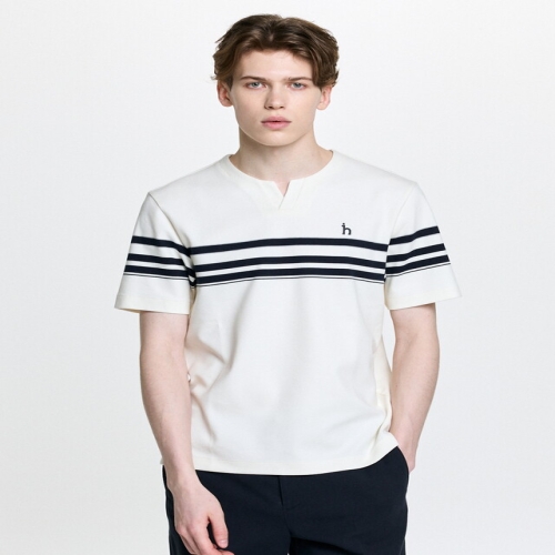 헤지스 남성 슬릿넥 컬러블럭 반팔 티셔츠 HZTS6B547CR