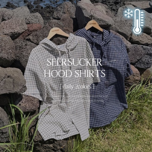 핫핑 통기성/링클프리 리카인즈 시어서커 후드 반팔 루즈핏 체크셔츠 P000CQNH