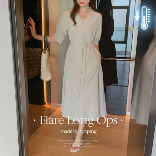 핫핑 여름버전/반팔 레비일리 오픈카라 퍼프 핀턱 플레어 롱원피스 P000CQNW