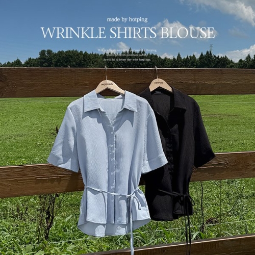 핫핑 링클프리/함 아델린 오픈카라 링클 플리츠 반팔 셔츠 블라우스 P000CQNG