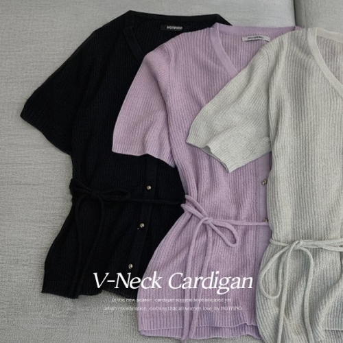 핫핑 고슬한터치감/여름니트 클로아 브이넥 실버버튼 여름 부클 골지 반팔가디건 P000CQND