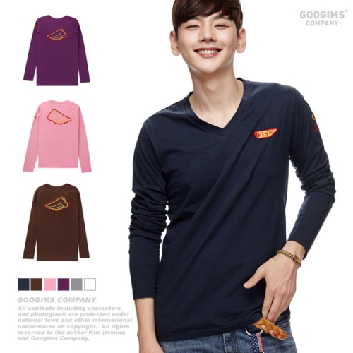 구김스 남녀공용 플라이 브이넥 긴팔 티셔츠_G10FMRT151