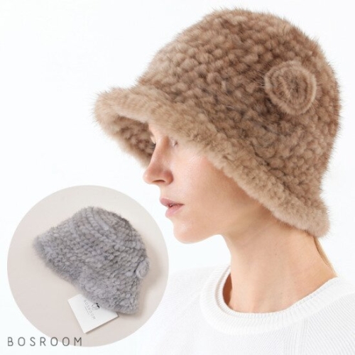 보스룸 여성 밍크퍼 코튼 니팅 벙거지 모자 3컬러