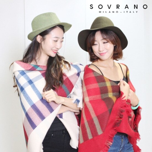 소브라노 울혼방 정사각 체크 숄
