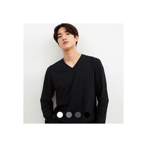  지오다노 남성 저지 브이넥 솔리드 긴팔 티_028602