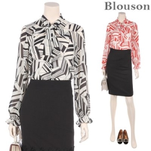 블루종 Blouson 기하학 나염 쉬폰 블라우스_ B1903BL601A  B1903BL601A