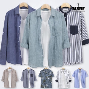 메이드 셔츠 남방 반팔 7부 린넨 체크 솔리드 데님 빅사이즈 헨리넥 청 여름 차이나 남성 남자스판슬림롤업