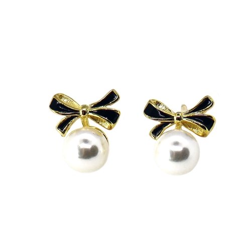 써지컬스틸  GK EZOPS02 리본 펄 골드 버튼 스터드 데이트 귀걸이