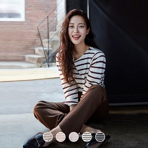  지오다노 여성 저지 보트넥 스트라이프 긴팔 티셔츠_329906