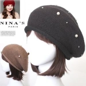 니나스파리 진주장식 루즈핏 모 헤어 니트 모자_7SH228