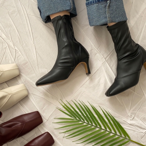 기모 안감 스퀘어 미들굽 삭스 부츠 RJ-e0186