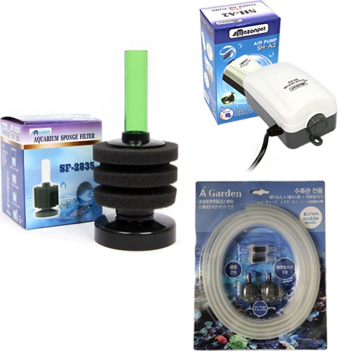 아마존 2구 산소발생기 소형 어항용 + 역류방지기 2p + 콩돌 2p 세트
