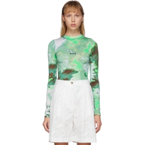  MSGM Green Watercolor Print Long Sleeve T-Shirt