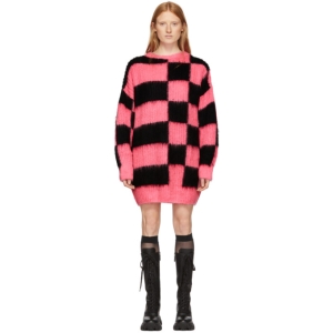  MSGM Pink and Black Check Sweater Dress