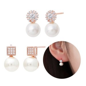 이랜드 로이드 14K W68AC27 금침 로즈골드 큐빅 진주 일자핀 귀걸이