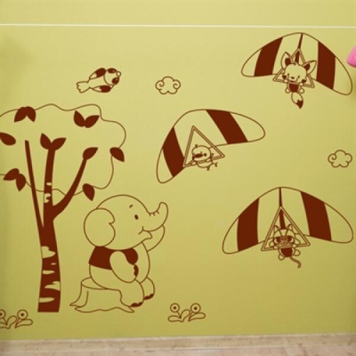 아리  꾸밈 ij064-하늘을 나는 동물친구들/그래픽스티커/일러스트/동물/하늘/나무/코끼리/고양이/여우/병/구름/새/