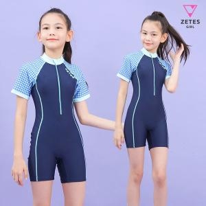 에레네스 제테스 여아동 올인원 집업 반팔 3부 수영복 블루체크 G_2i063