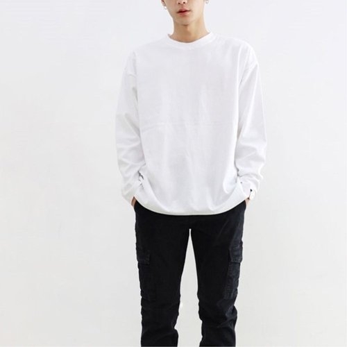 N_5FEF7B 남성 빅사이즈 오버핏 긴팔 무지 베이직 티셔츠 흰색