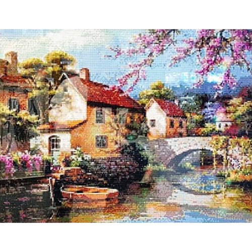 보석십자수 풍경 나무 3D 호숫가 마을 55x40cm DIY